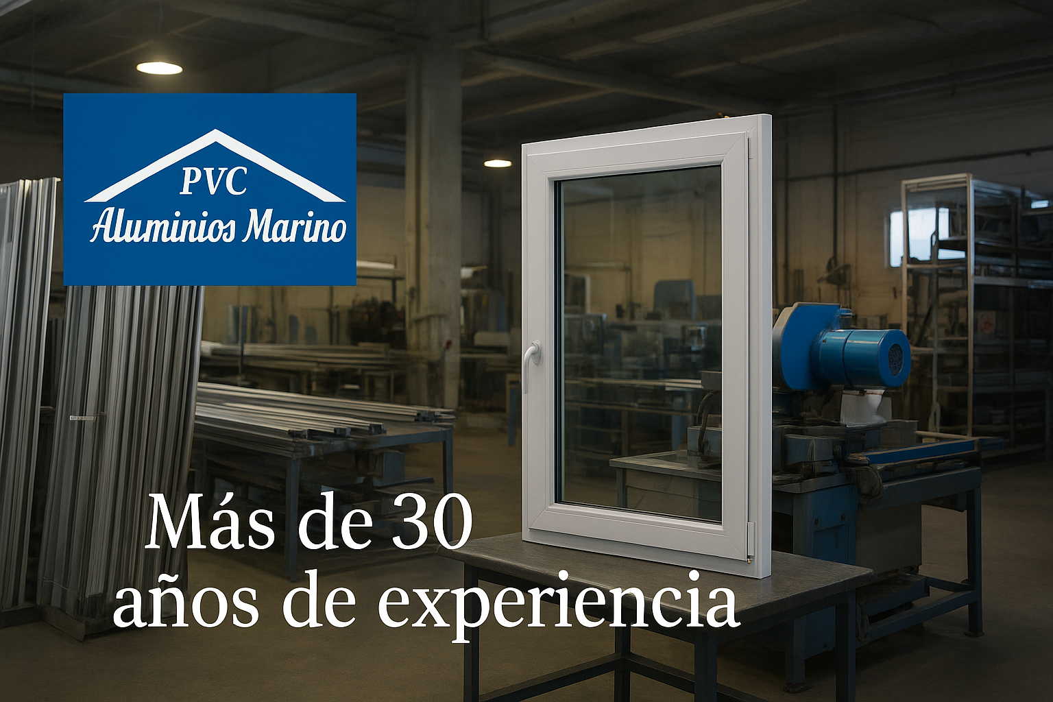 Es el interio de la empresa de aluminios marino, que muestra la parte de las maquinas y las estanterias con aluminio en barra. y delante emcima de una mesa de trabajo, hay una ventana de PVC de las que fabricamos.